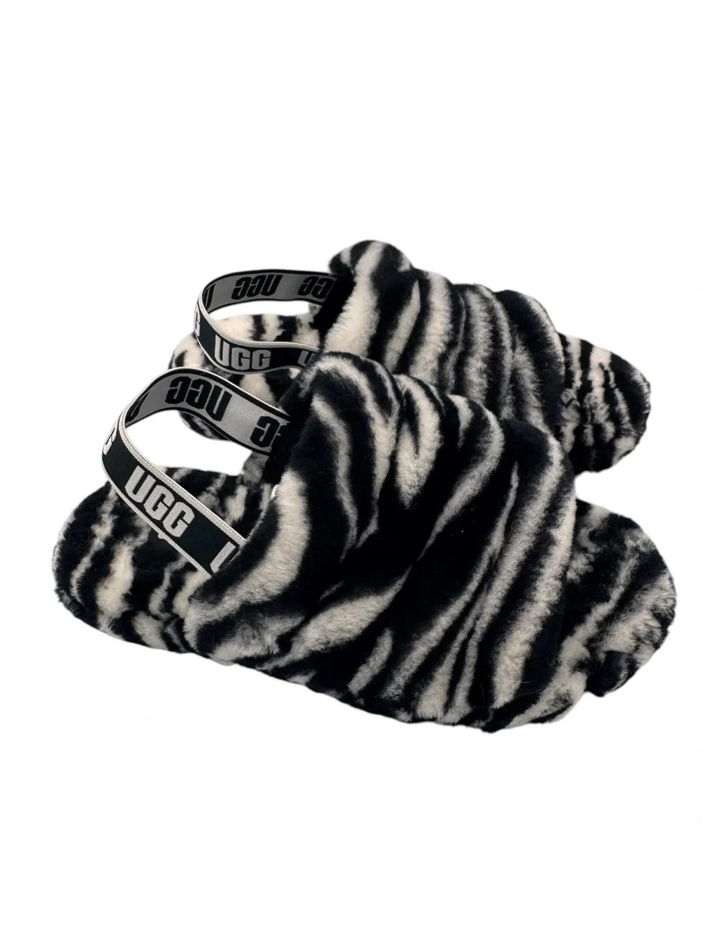 UGG Fluff Yeah Slide Zebra Black White Big Kids Sheepskin Sling Back Slipper 4